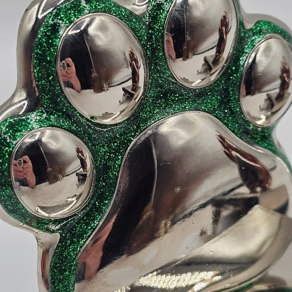 Set of 2 Silver Metal Paw Print Stocking Holder Sparkly Red and Green Christmas